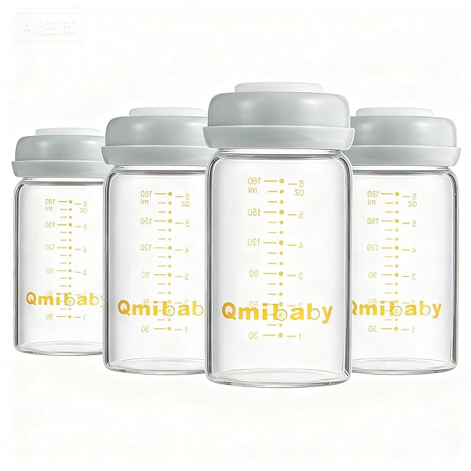 Glass Breastmilk Storage Bottles 180ml 6oz BPA-Free Leak-Proof Natural Baby Bottle for Breastmilk Storage Wide Neck Bottles with Screw Ring Sealing Disk Breastfeeding (Grey, 180ml-4Packs)