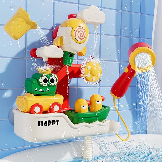 FlowFun Bath Toy Set: Electric Shower with 360° Rotate, Rocket Whistle, Cute Car Toy & Little Yacht | Interactive Water Play Kit for Toddlers 18 Months +