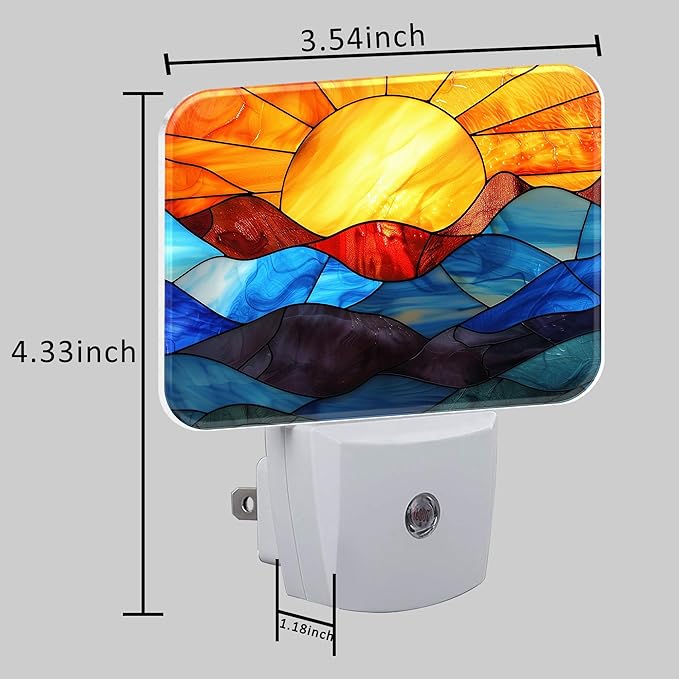 Stained Glass Sunset Night Light Plug into Wall, Colorful Glass Mountains Night Light with Dusk to Dawn Sensor for Kid Girls Boys Women Men Room, Hallway, Kitchen, Bathroom, Stairs Decor