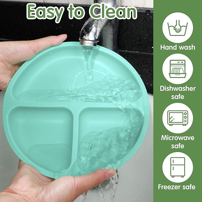 Chengu 12 Pcs Silicone Bowl with Suction Set for Baby Toddler with Suction Plate, Spoon and Fork, Divided Design Baby Feeding Utensils Weaning Kit, Dishwasher and Microwave Safe