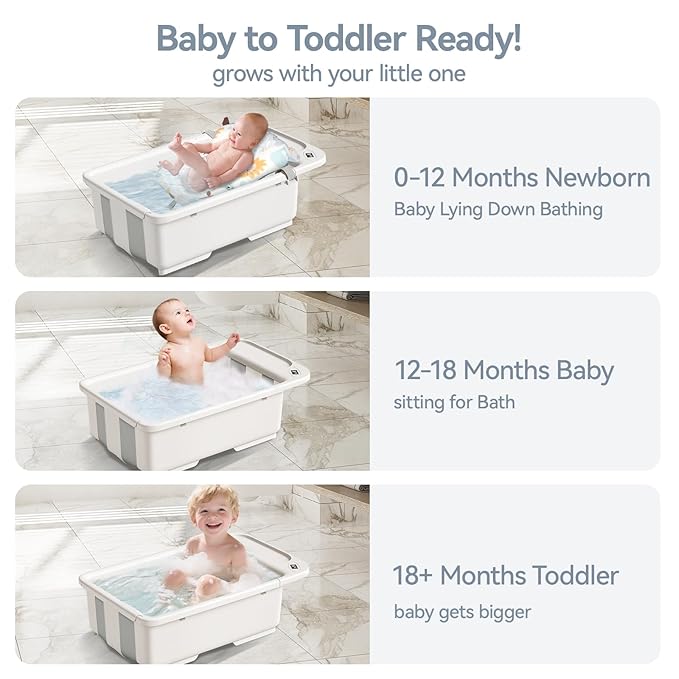 Collapsible Baby Bathtub with Stand - Large Baby Bath Tub with Thermometer & Cushion | Portable Travel Newborn Infant Bathtub | Foldable Toddler Bathtub for Baby 0 to 36 Months (White)