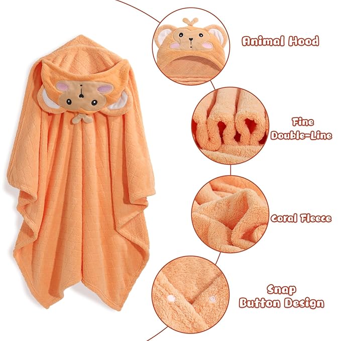 Toddler Towels for Boy, 2 PCS 50"x32" Hooded Baby Towels Boy,Thick Absorbent Bath Towels for Kids, Coral Fleece Animal Kids Towel with Hood, Gray Mouse & Orange Monkey Set