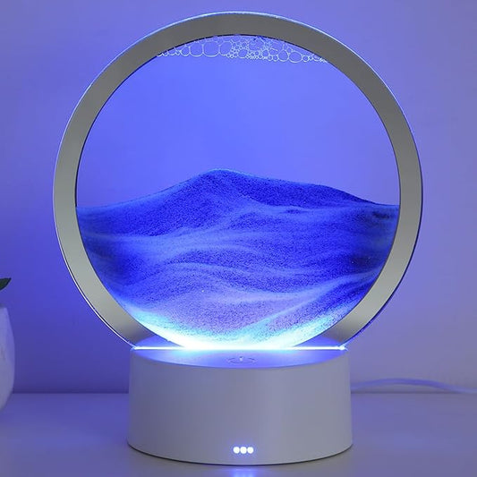 Moving Sand Art Liquid Motion, 3D Deep Sea Sandscape Color Quicksand Decor, Round Glass Moving Sand Art Picture Relaxing Desktop Home Office Work Decor (Blue, 6 inch)