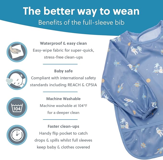 BIBaDO Mess Proof Baby Bib, 2 Pack Long Sleeve Bib, 6 month - 3 Years, Waterproof Bibs for Toddlers, Machine Washable