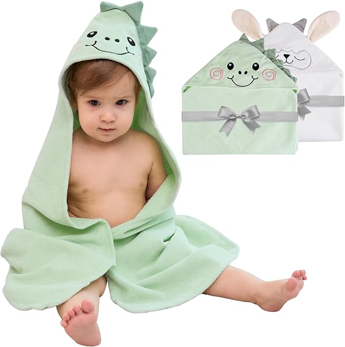 Viviland 2 Pack Hooded Baby Towels, Soft 100% Cotton Baby Bath Towels with Hood, Extra Thick and Absorbent, Essential for Newborns, Kids, Infants - Girls and Boys (Sheep & Green Dinosaur)