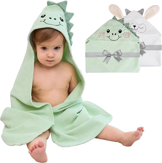 Viviland 2 Pack Hooded Baby Towels, Soft 100% Cotton Baby Bath Towels with Hood, Extra Thick and Absorbent, Essential for Newborns, Kids, Infants - Girls and Boys (Sheep & Green Dinosaur)