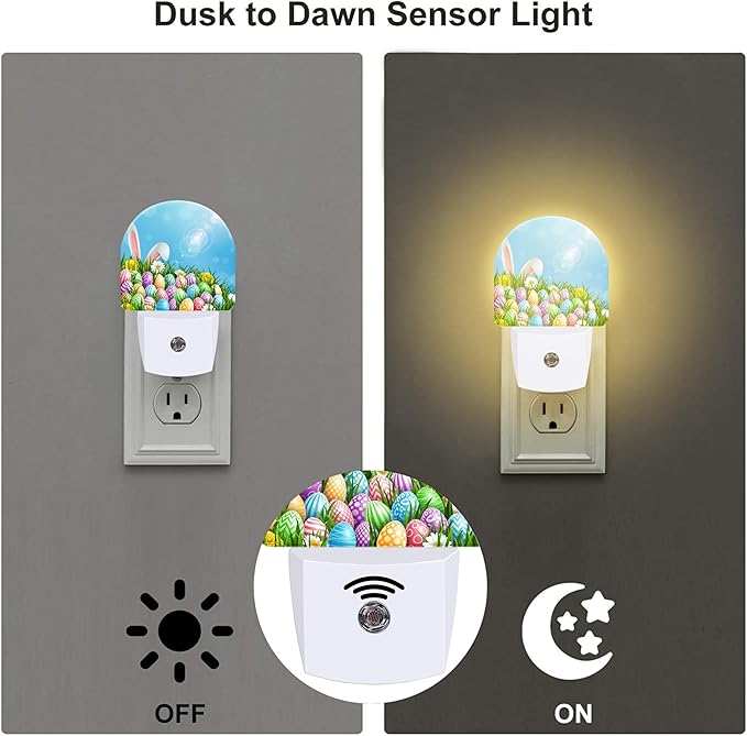 Easter Bunny and Eggs Night Light Plug into Wall,Colorful Easter Eggs Rabbit Dusk to Dawn Night Light Plug in,0.5w Energy Saving Sleep Friendly NightLight for Kids Boys Girls Home Decor