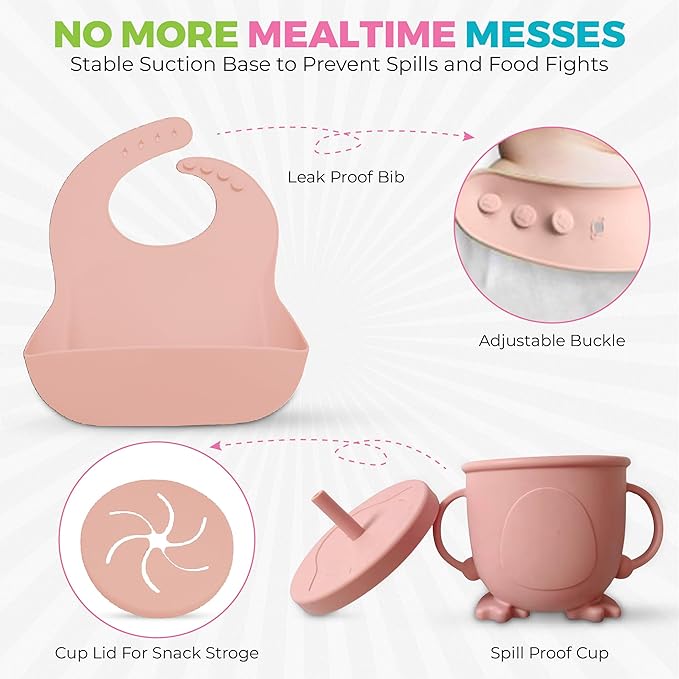 SiliFun 8-Piece Silicone Baby Feeding Set – Complete Infant Mealtime Kit with Suction Bowl, Divided Plate, Bib, Spoon, Fork & Cup – BPA-Free, Dishwasher Safe – Gift-Ready in Premium Branded Packaging