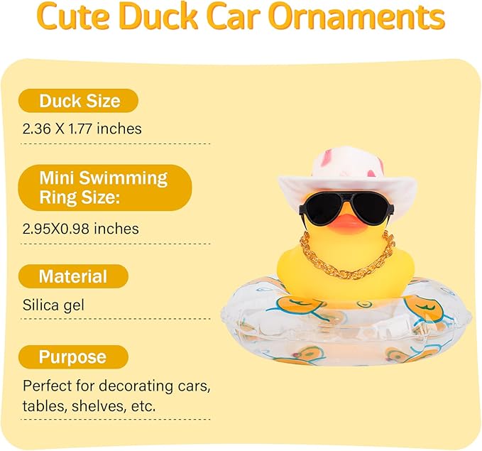 wonuu Car Rubber Duck, Yellow Duck Decoration Dashboard with Sun Hat Swim Ring Necklace Sunglasses for Car Dashboard Decorations, Pink White Cowboy Hat-Transparent