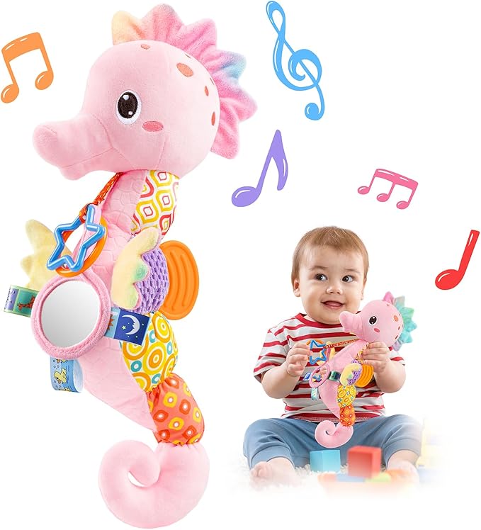 LIGHTDESIRE Baby Toys Musical Seahorse Stuffed Animals Infant Toys 0-6-12 Months with Mirror|Rattles|Crinkle|Baby Teething Toys,Sensory Toys for Tummy Time Newborn Boys Girls Birthday Gifts(Rose Pink)