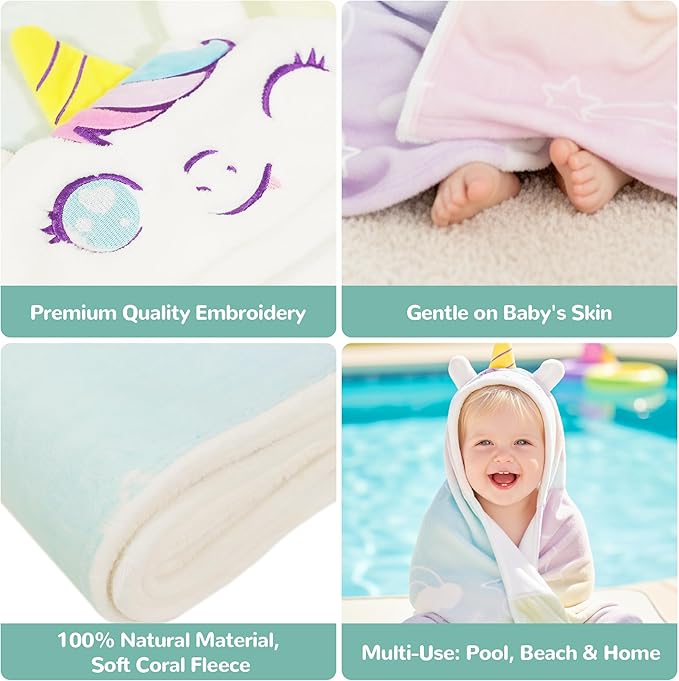 HECCEI HoodieHug Baby Towels, Premium Coral Fleece Bath Towel with Large Size-Ultra Absorbent for Baby Comfort- Great Gift for Newborn, Toddler and Kid (Unicorn + Elephant)