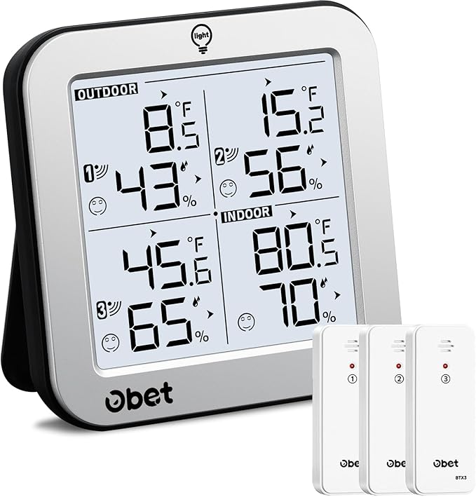 OBET Indoor Outdoor Thermometer Wireless with 3 Sensors Weather Station Temperature Humidity Monitor 500ft Range and Adjustable Backlight and Min Max Data Silver