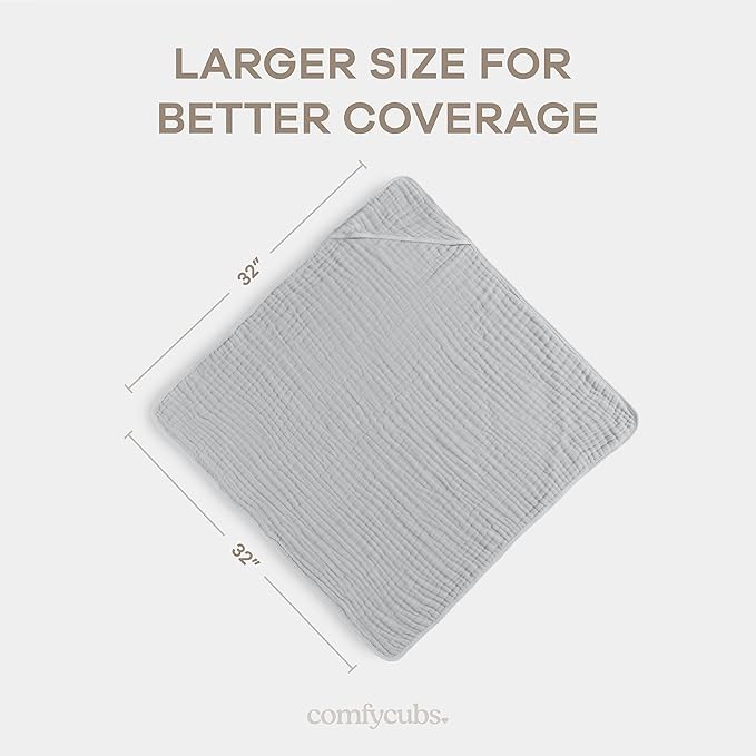 Comfy Cubs Hooded Baby Towel 1-Pack, Large 32 x 32 Inch - 6 Layer 100% Muslin Cotton for Babies, Toddlers and Kids - Soft & Absorbent Baby Bath Towels - Unisex Design for Bath Time - Heather Blue