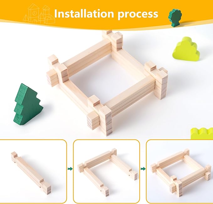 168 Pcs Wooden Blocks Toys with Grass and Small Animals,Classic Old Fashioned Toys,Wooden Building Blocks for Kids Ages 3-9 Boys and Girls