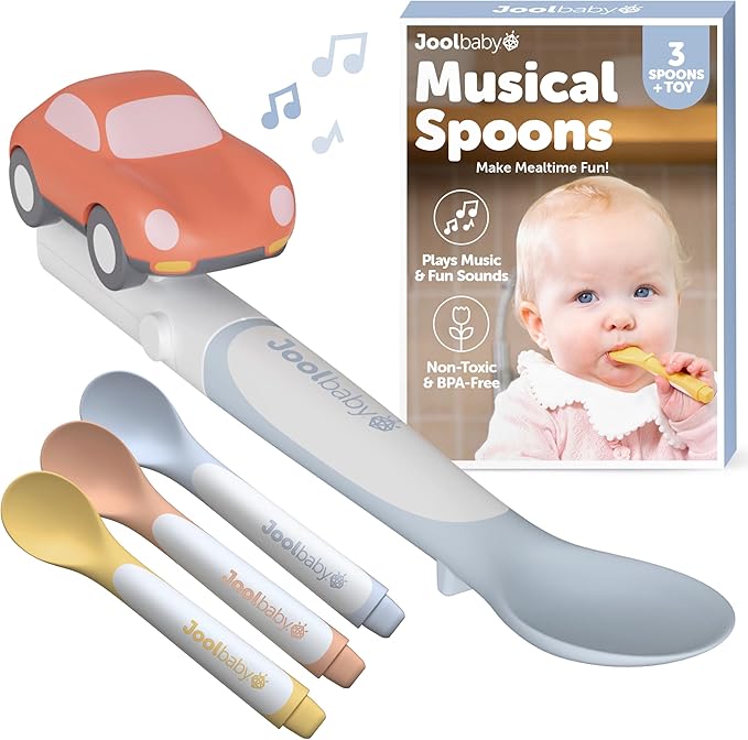 Jool Baby Musical Baby Spoons, 3 Spoons + Car with Fun Sounds - Multi-Stage Spoon for Infant Feeding & Training Babies 6+ Months to Self-Feed