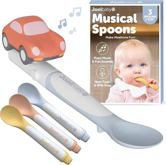 Jool Baby Musical Baby Spoons, 3 Spoons + Car with Fun Sounds - Multi-Stage Spoon for Infant Feeding & Training Babies 6+ Months to Self-Feed