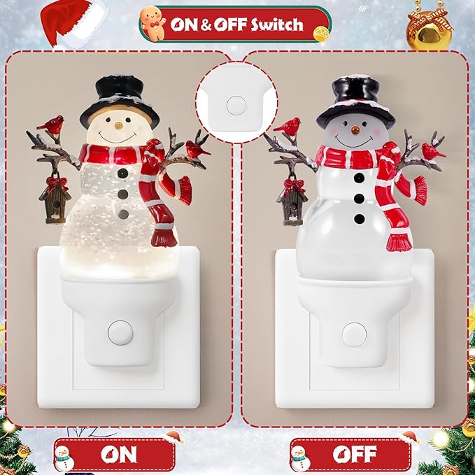 2 Pack Christmas Snowman Night Light Plug into Wall Glitter Water Nightlight with USB/Outlet Options, Christmas Decorative Nightlight for Bedroom Kitchen Holiday Decorations Gifts (Snowman)