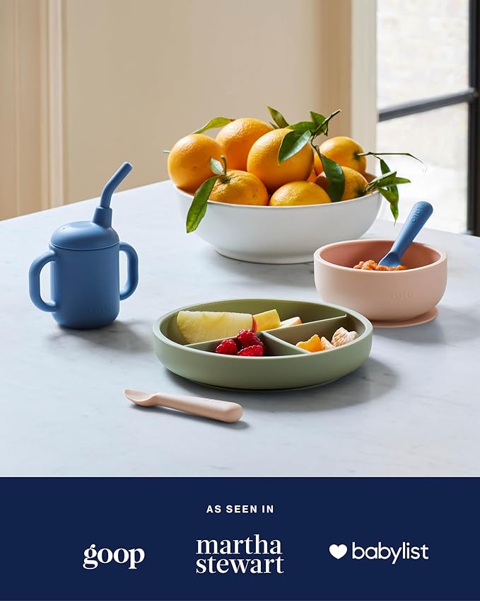 Lalo Suction Plates - 2 Pack, 100% Silicone Non-Toxic BPA-Free Baby Plates with Suction Base To Prevent Accidental Tip-Overs - Suction Plates for Toddlers With Three Divided Sections - Oatmeal