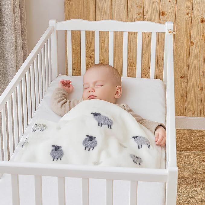 Soft Cozy Sherpa Fleece Baby Blankets Animal Pattern Fluffy Plush Receiving Blanket for Newborn Infant Toddler Thick Warm Crib Stroller Blanket for Boys Girls 30"x40" White Sheep