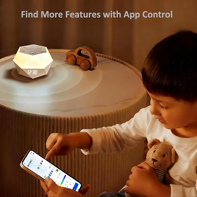 Sound Machine with Light, Portable Sleep White Noise Machine with 8 Colors Night Light, Mini Polygonal Geometric Design APP Control Alarm Clock with 32 Natural Soothing Sounds for Baby Kids Adults