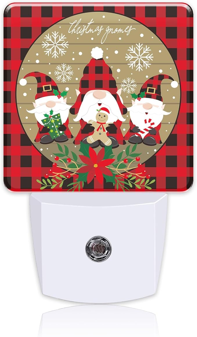 Christmas Gnome Red Black Plaid Night Light for Kids, LED Night Light Plug into Wall with Dusk to Dawn Sensor for Girls Boys Women Men Room Decor, Hallway, Kitchen, Bathroom, Nursery, Stairs