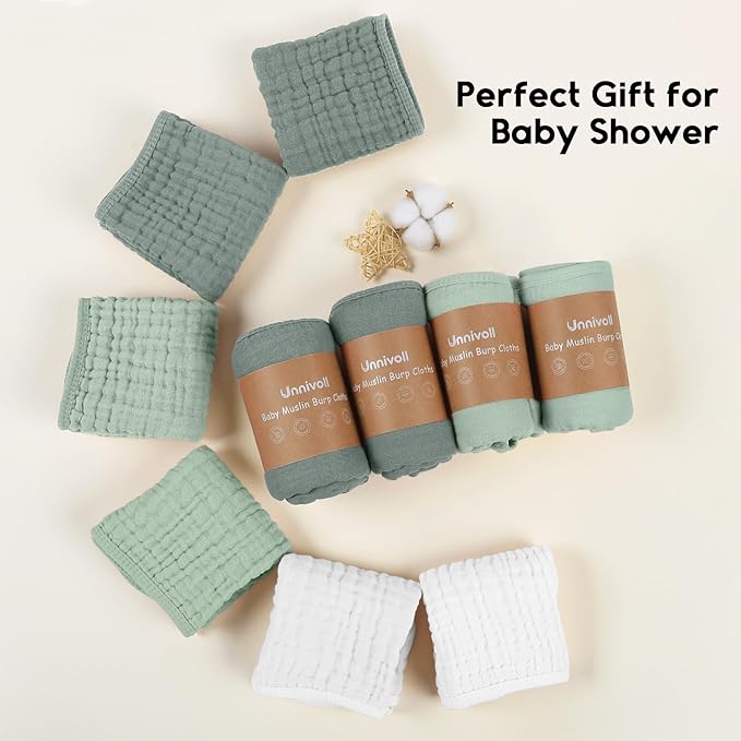 Muslin Burp Cloths for Baby 100% Cotton Burping Cloths for Boys Girls Large 20''X10'' Extra Soft and Absorbent 12 Pack - White and Green