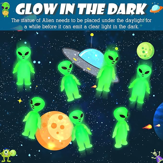 40 Pcs Glow in the Dark Mini Alien Figures Set with Card and Gift Bag for Space Birthday Party Favors Halloween Little Small Tiny Alien Figurines Statue for Hide and Seek(Green)
