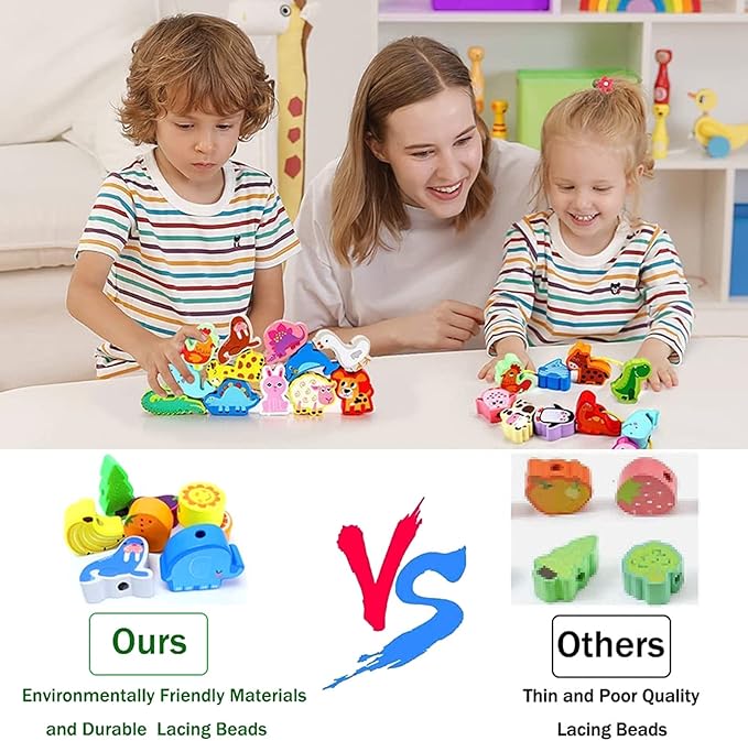 46 PCS Montessori Wooden Lacing Beads Toys for Toddlers,Educational Stringing Animals Fruits Farm Threading Beads Preschool Learning Toys for Kids 3 4 5 6 Year Old Boys Girls…