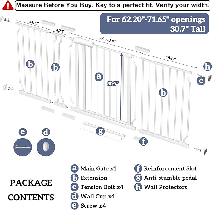 Extra Wide Baby Gates for Doorways 62.20"-71.65" Extra Wide Baby Gate Dog gate Pressure Mounted No Drilling with Walk-Through, Auto-Close & Dual-Direction Swing for Large Wide Opening White