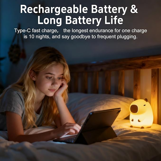 Cute Capybara Night Light for Kids, Squishy Capybara Lamp Gifts, Nursery Bedroom Decor, 2 Levels Dimmable Nursery Nightlight for Kids，Rechargeable LED Bedside Lamp with 20 Min Timer & Tap Control