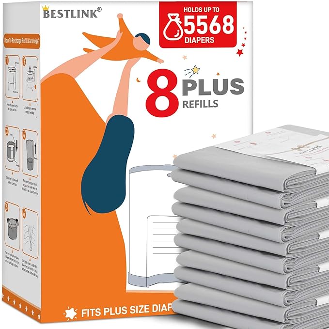 8 Pack Refills Compatible with DEKOR PLUS Diaper Pails | 20% Extra Length Diaper Pail Refill Bags Liners Holds 5568 Diapers | Ultimate Odor Control with Baby Scented