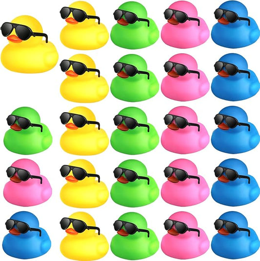 24 Pcs Mini Rubber Ducks with Sunglasses, Rubber Ducks in Bulk Valentine Bathtub Toys for Cruise Valentines Kids Classroom Gift Exchange(Eyeglasses,Mixed Colors)
