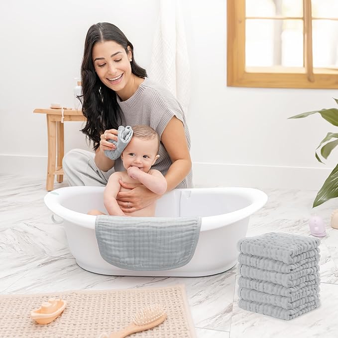 Comfy Cubs Muslin Baby Washcloths 6 Pack - Soft 6-Layer Cotton Wash Cloths for Sensitive Skin - 10"x10" Large, Gentle, Absorbent Infant Essentials for Newborn and Toddlers - Heather Blue