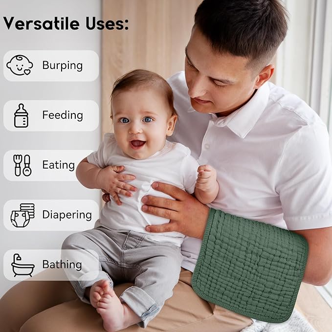 Muslin Burp Cloths for Baby 100% Cotton Burping Cloths for Boys Girls Large 20''X10'' Extra Soft and Absorbent 12 Pack - Gradient Green