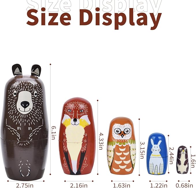 Nesting Dolls, 5Pcs 6" Tall Russian Nesting Dolls, Handmade Matryoshka for Kids, Wooden Stacking Toys for Christmas Home Wedding Party Decorations (Brown Bear)