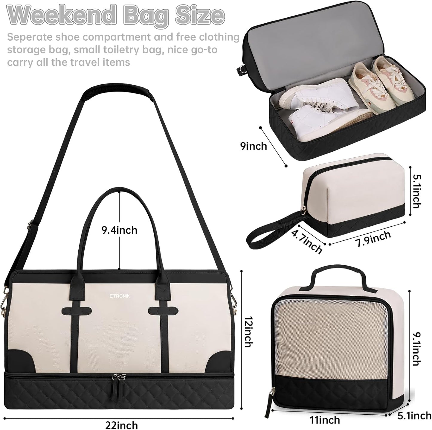 ETRONIK Weekender Overnight Bag for Women, Large Travel Duffle Bag with Shoe Compartment & Wet Pocket, Carry On Tote Bag Gym Duffel Bag with Toiletry Bag, 3 Pcs Set, XL Size, Beige&Black