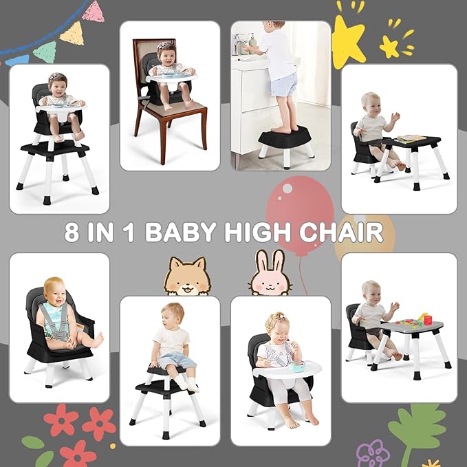 Baby High Chair, 8 in 1 Convertible Highchairs for Babies and Toddlers, Children Dining Booster Seat/Kids Building Block Table for Girls Boys, Baby Seat with Removable Tray, Grey