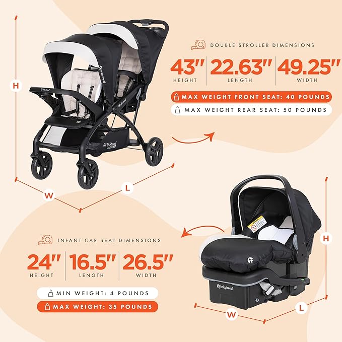 Baby Trend Sit N' Stand Tandem Double Stroller 2.0 DLX and EZ-Lift Plus Car Seat Set with 5 Point Safety Harnesses and Cozy Cover, Modern Khaki
