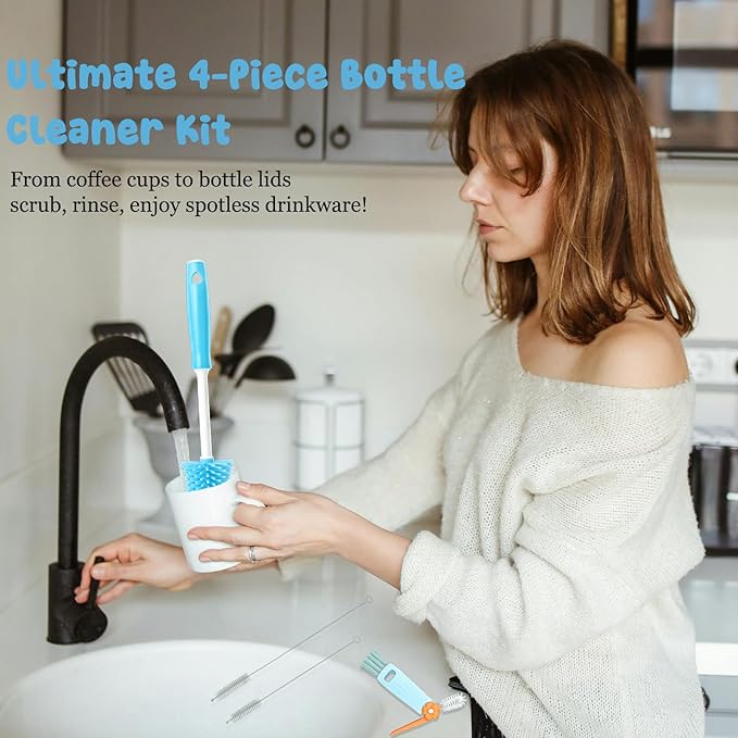 4 Pack Water Bottle Cleaning Kit Straw Cleaner Bottle Brush Cleaner for Owala FreeSip 24oz/32oz/40oz, Silicone Long Brush for Owala, Sport Bottles, Water Bottles, Coffee Mugs