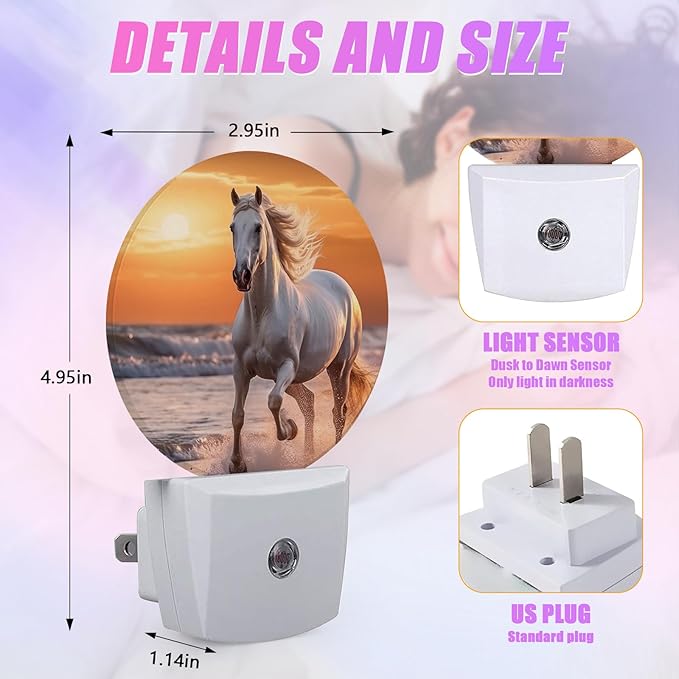 Running Horse Night Light Sunset Night Lights LED Lamp Round Plug into Wall Nightlight with Dusk to Dawn Sensor Home Hallway Stairway Kitchen Decor