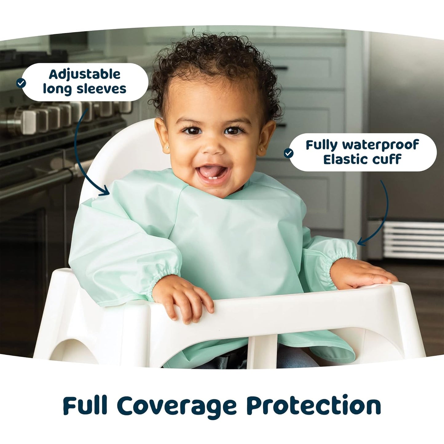 Tiny Twinkle Mess Proof Baby Bib,Waterproof Smock Baby Bib for Eating,Machine Washable Long Sleeve Bib,Baby Led Weaning,Toddler Bib (Sage Green, Large 2-4 Years)