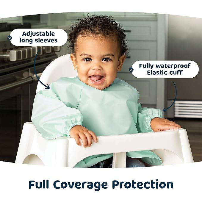 Tiny Twinkle Long Sleeve Bib for Babies & Toddlers – Waterproof Smock Bib for Eating – Machine Washable & Mess-Proof, Baby Feeding Essential & Shower Must-Have(Sage Green, 2-4Y)