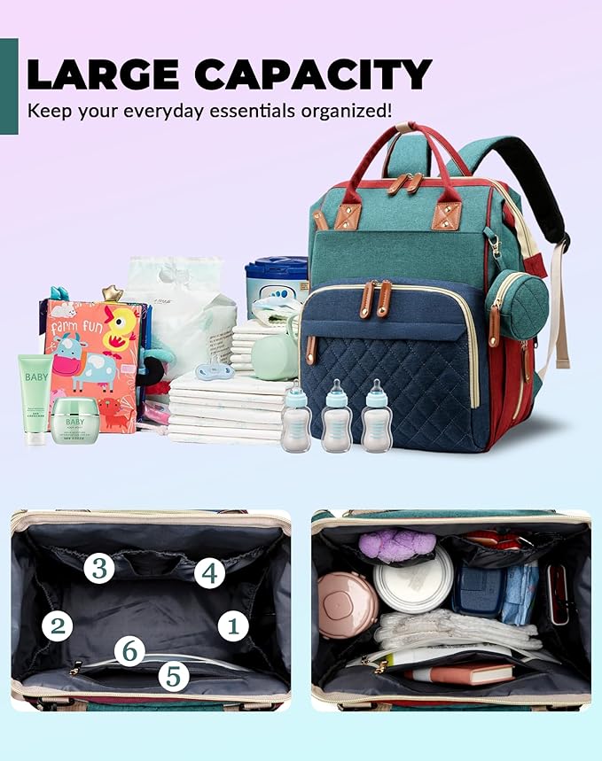 Diaper Bag with Changing Station, Waterproof 3 in 1 Diaper Backpack with Foldable Changing Pad, Baby Registry Search &Baby Shower Gifts - Newborn Essentials, Red-Green-Blue