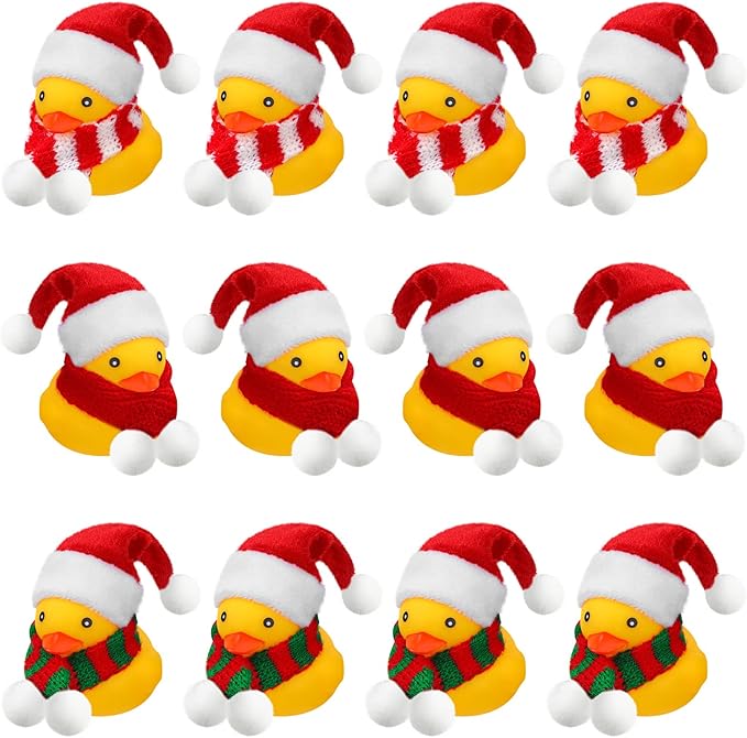 Funtery 12 Pcs Christmas Rubber Ducks Bulk with Xmas Hats and Scarf Mini Bath Rubber Ducky Showers for Xmas Winter Holiday Celebration Party Favors Stocking Stuffers Birthday Gift Exchange