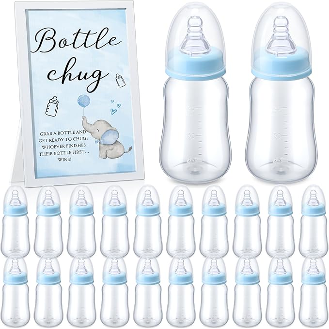 Roowest Bottle Chug Baby Shower Game Favors Including Blue Elephant Theme Wooden Sign and 18 Pcs Baby Bottles for Gender Reveal Party Supplies