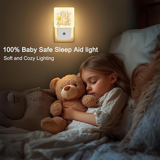 Cute Kitten and Lavender Flowers,Sunflower Butterflies Floral Plug in Night Light with Auto Dusk to Dawn Sensor,Warm Night Lights for Boys Girls Bedroom Bathroom Hallway Kids Room Gifts