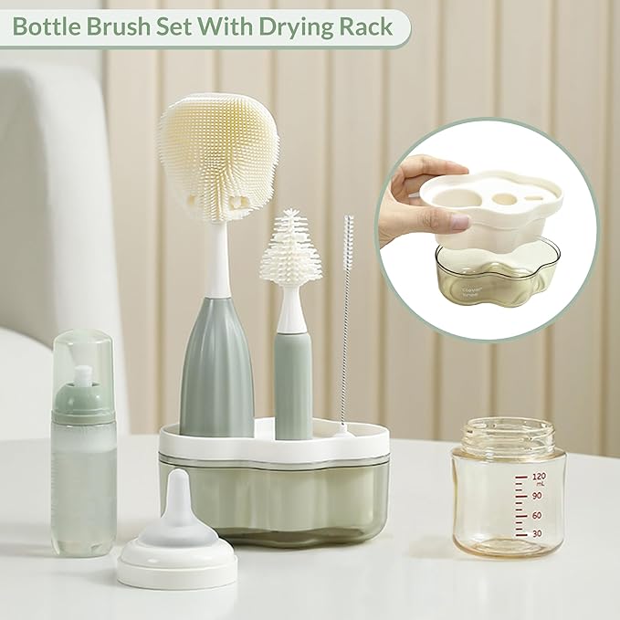 Baby Bottle Brush Kit with Push-Press Bubble and Drying Rack for Bottle Cleaning, Bendable Bottle Cleaner Brush for Baby Bottles, Breast Pumps, Nipples, Straws and More. Perfect for Home&Travel