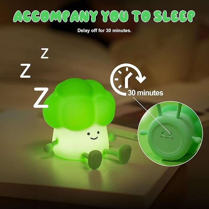 Cute Broccoli Night Light, LED Squishy Novelty Baby Night Lamp, 3 Levels Dimmable Timer Nursery Nightlight for Kids, Rechargeable Touch Bedside Lamp, Bedroom Dorm Decor, Baby Boys Girls Gifts