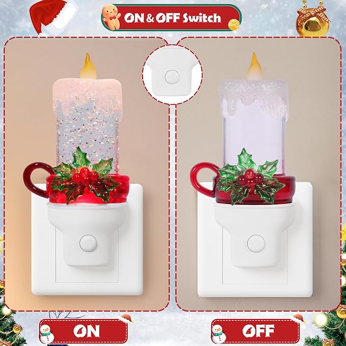 Christmas Candle Night Light Plug into Wall Glitter Water Nightlight with USB/Outlet Options, Christmas Decorative Nightlight for Bedroom Kitchen Nursery Hallway Holiday Decorations Gifts (Candle)