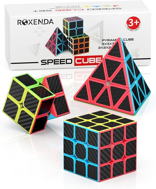 ROXENDA Speed Cube Set, Magic Cube Set of 2x2x2 3x3x3 Pyramid Cube Smooth Puzzle Cube (Carbon Fiber)
